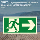 Nødutgang - utgang ved brann-pil høyre, etterlysende skilt.