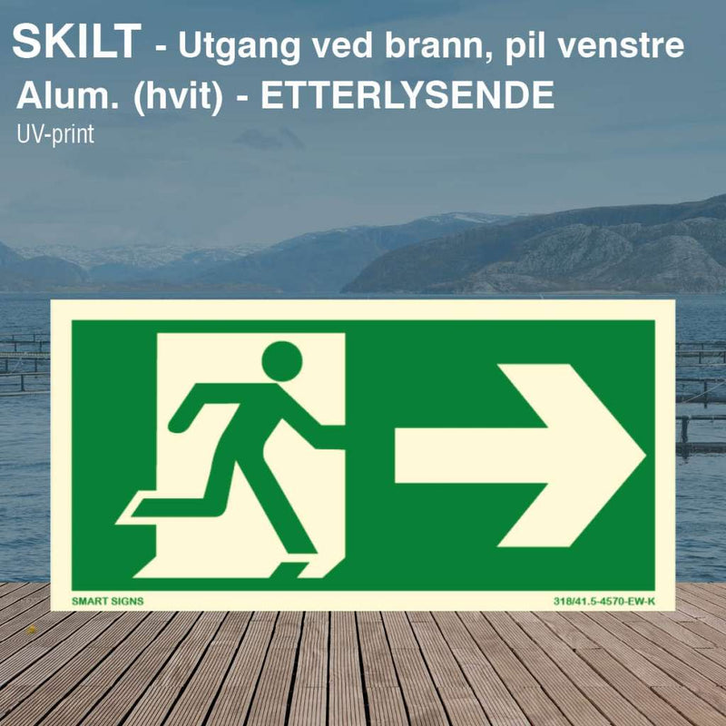 Nødutgang - utgang ved brann, pil høyre, alu skilt.
