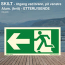 Nødutgang - utgang ved brann-pil venstre, etterlysende skilt
