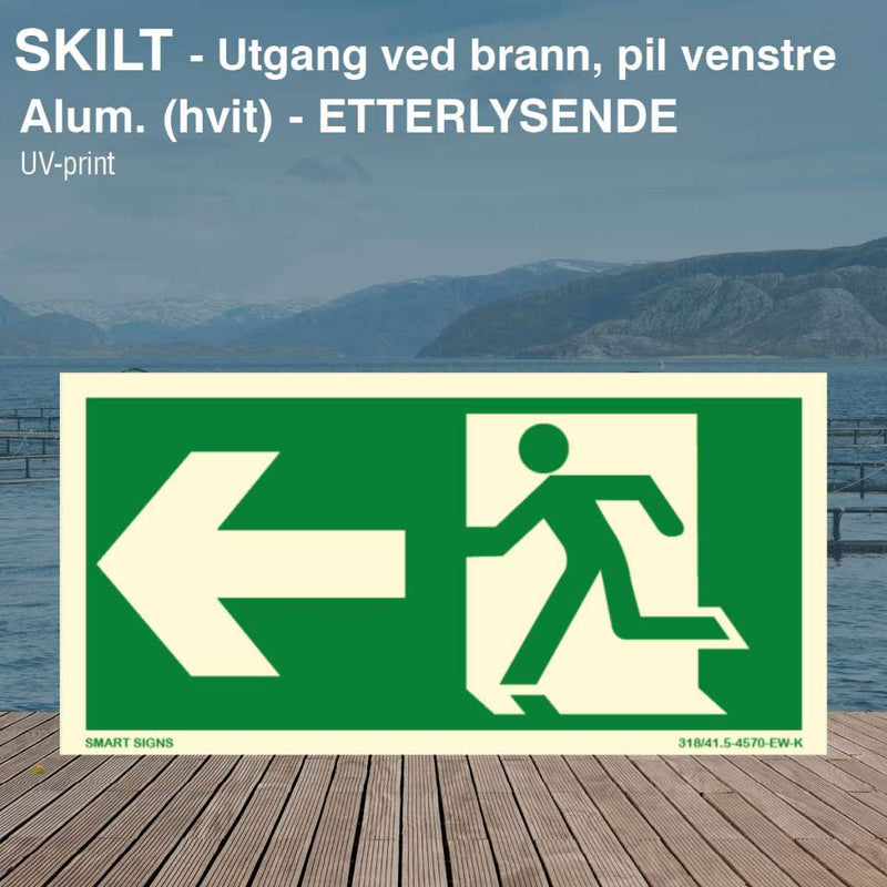 Nødutgang - utgang ved brann, pil venstre, alu skilt.
