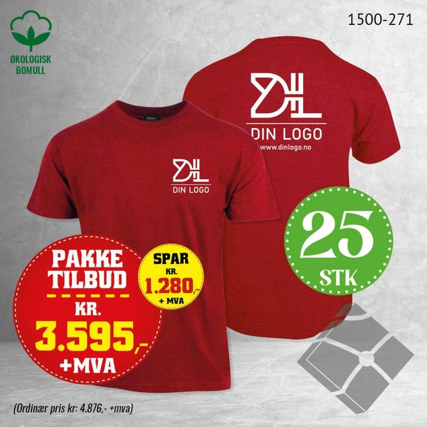 25 stk T-skjorte m/bryst & rygglogo, kardinalmelert