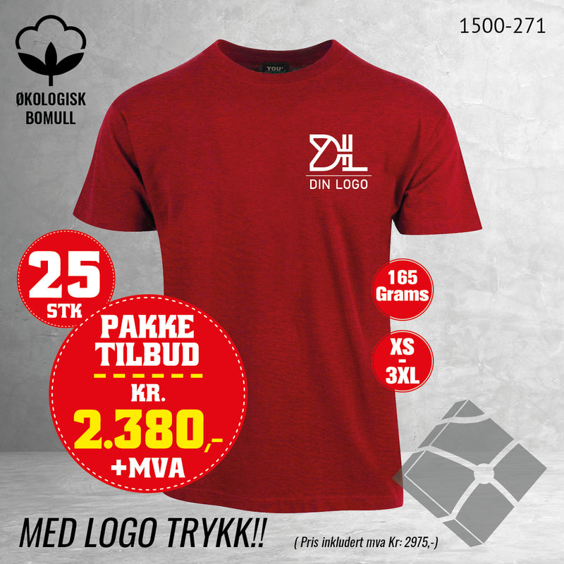 25 stk T-skjorte med bryst logo, kardinalmelert